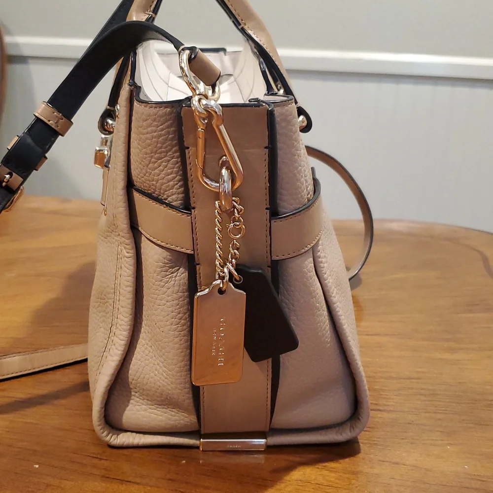 Neutral Beige Leather Satchel Handbag with Gold Hardware